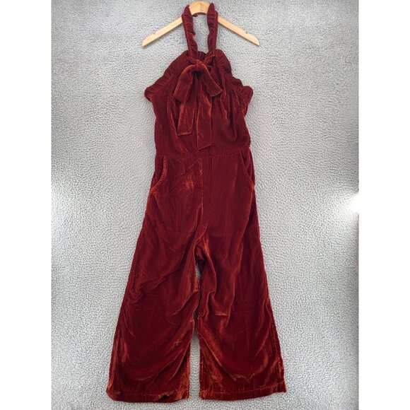Storia Jumpsuit Womens Medium Rust Red Velvet Halter Neck Ruffle Tie Holiday NWT - Picture 1 of 13
